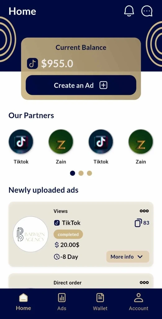 Babylon Agency client app home with ad balance and partner platforms