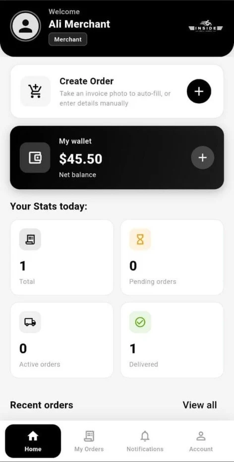 Inside Delivery merchant app home screen with wallet and order stats