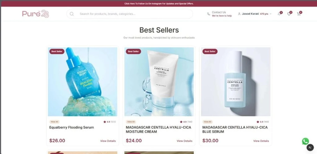 Pure28 best sellers product grid with ratings, pricing, and skincare catalog