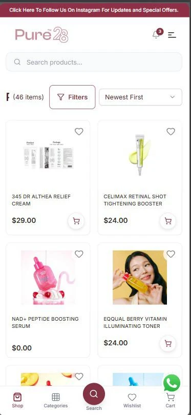 Pure28 mobile shopping app product catalog