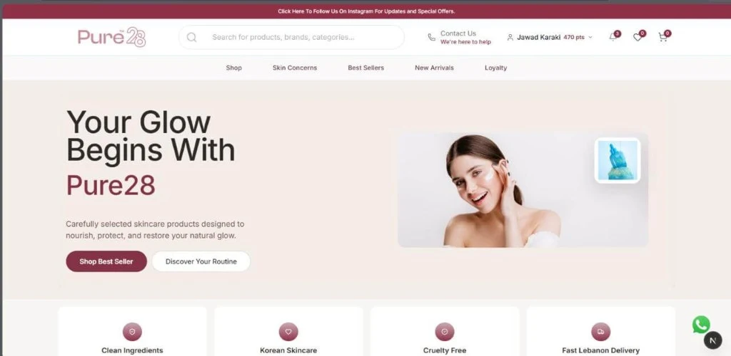 Pure28 cosmetics e-commerce storefront homepage on desktop