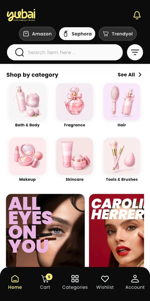 Yubai Sephora beauty category browsing with makeup, skincare, and fragrance