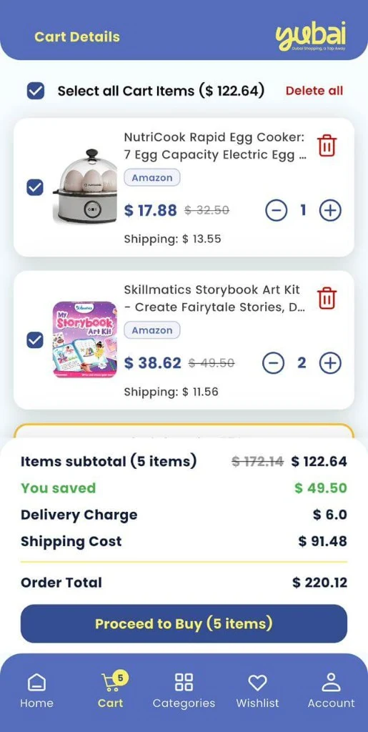 Yubai cart and cross-border checkout summary screen